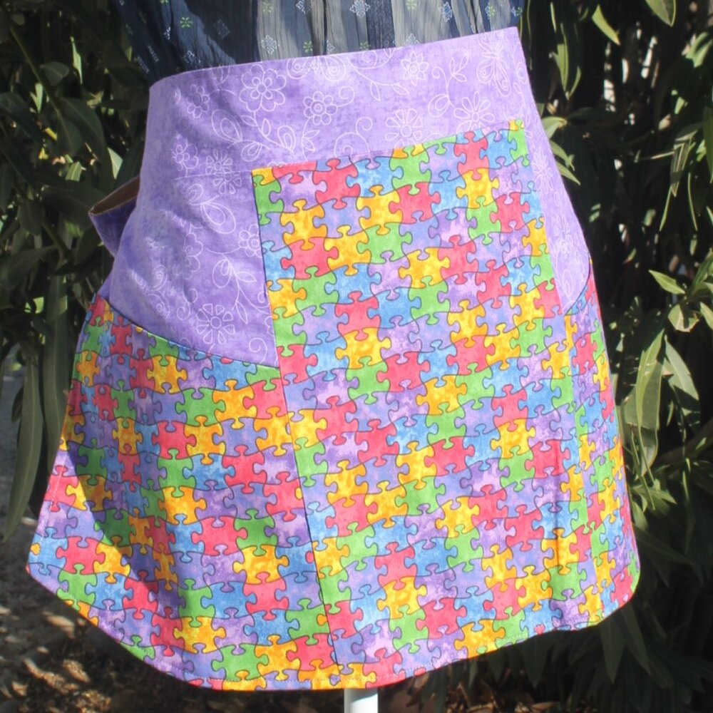 Puzzle Print Adult Half Apron Purple Gold Handmade Reversible Large Pockets